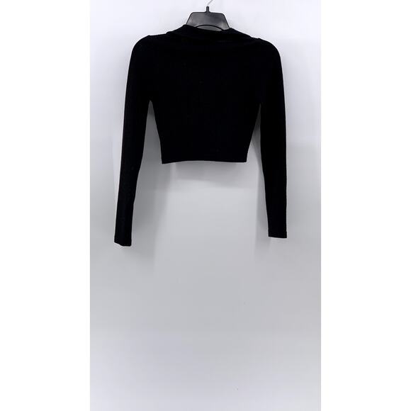 DIVIDED By H&M Women's Black Ribbed Split-Neck Long Sleeve Cropped Polo Top SZXS - Picture 3 of 11